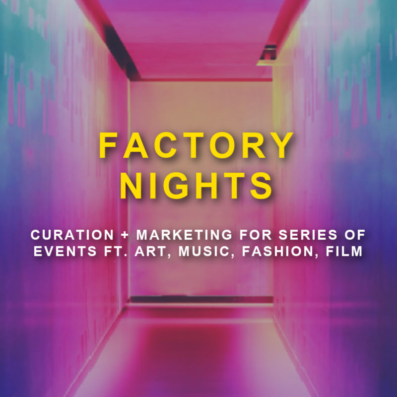 colorful Vancouver event space with text Factory Nights Curation and Marketing