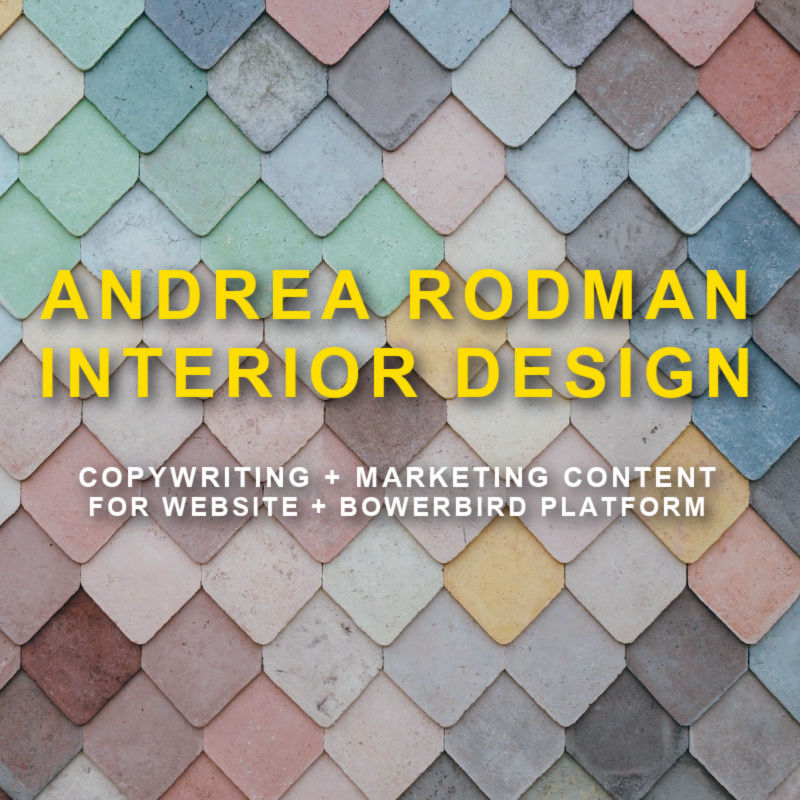colorful tiles with text 'Andrea Rodman Interior Design copywriting'