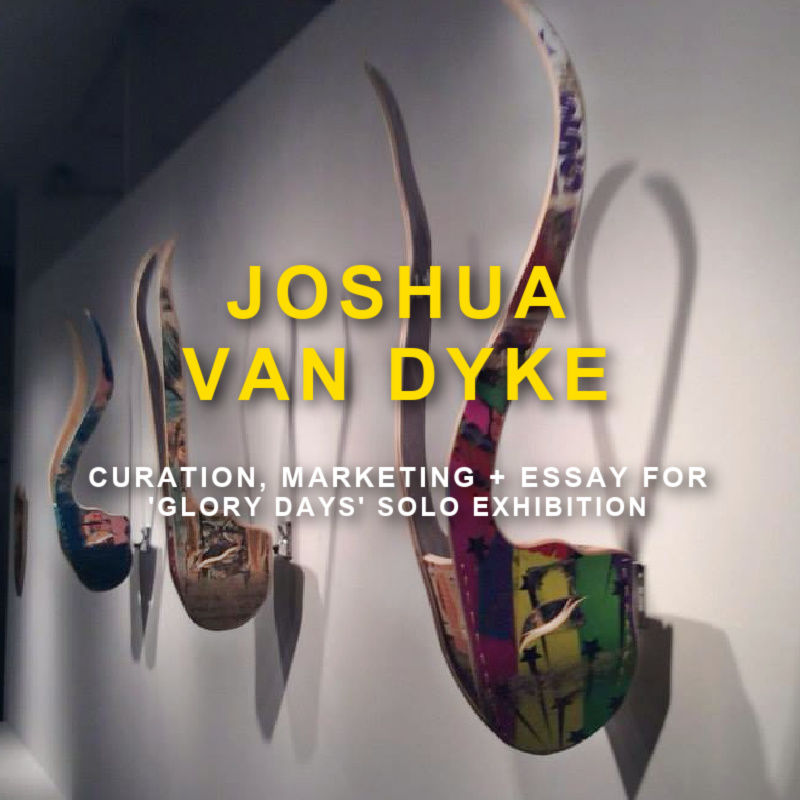 modern sculptures with text 'Joshua Van Dyke curation and marketing for art exhibition'